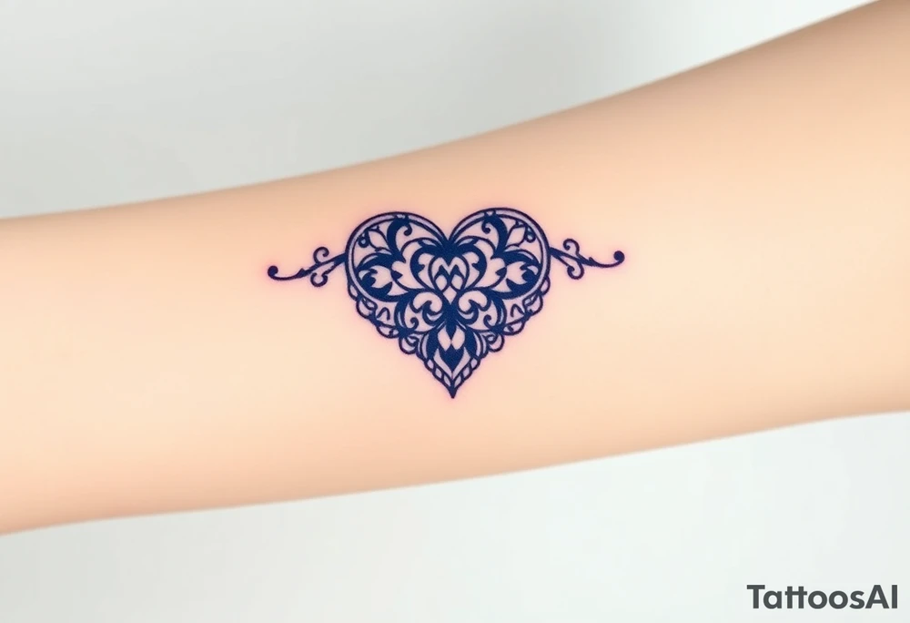 A symmetrical lace heart shaped bracelet with a soft ombré effect, transitioning from blue to deep purple tattoo idea