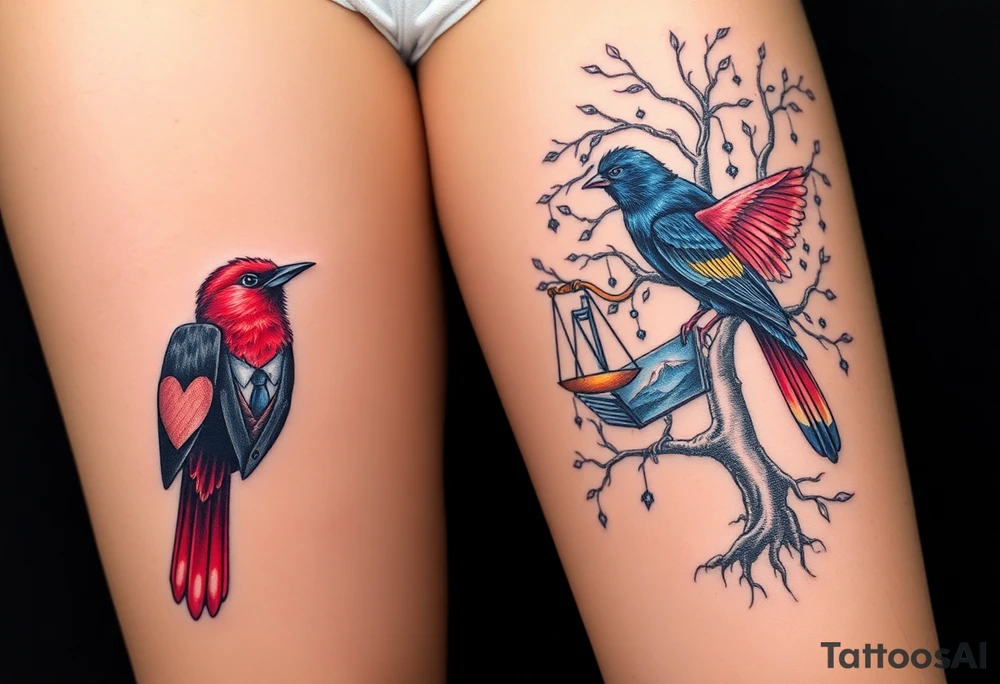 2 birds as the focus, one of the birds red wearing a suit, other bird navy blue with glasses or holding a book, scales of justice built into a tree, starry night painting and mountain background tattoo idea
