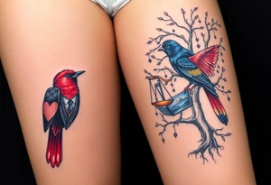 2 birds as the focus, one of the birds red wearing a suit, other bird navy blue with glasses or holding a book, scales of justice built into a tree, starry night painting and mountain background tattoo idea