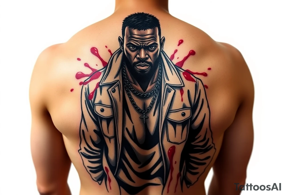 African American gangsta character with blood splatter on clothes tattoo idea