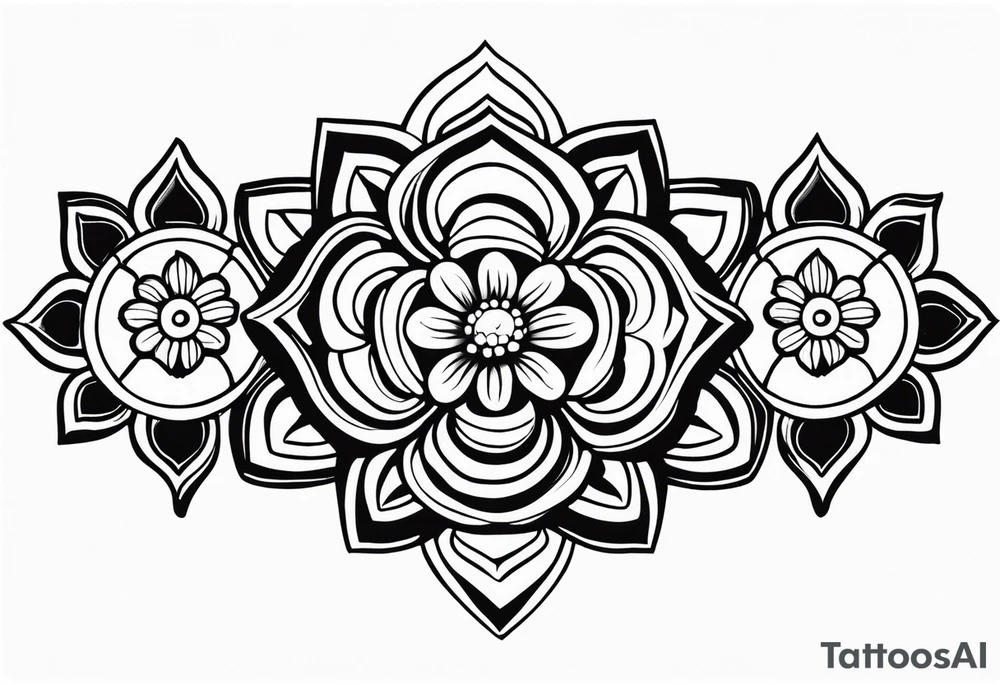 Create a masculine mayan tattoo design carved in stone featuring three flower buds of Gypsophila spp. tattoo idea