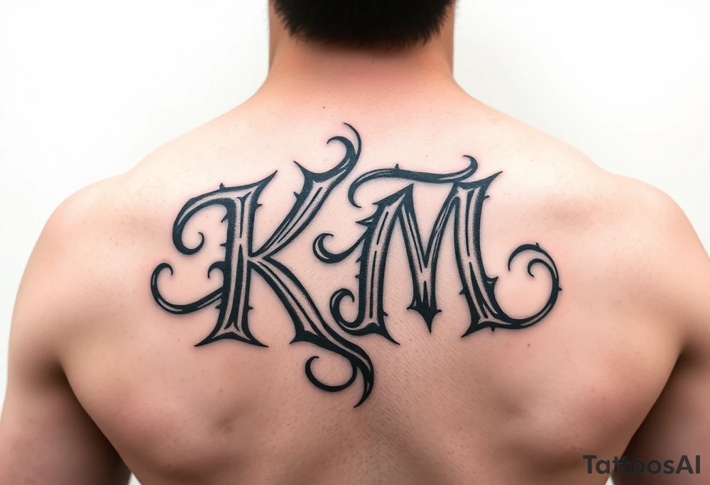 letters only fancy but rugged twisted and intertwined through one another (KM ) almost like the the roca wear symbol clothing brand trademark tattoo idea