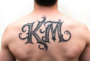 letters only fancy but rugged twisted and intertwined through one another (KM ) almost like the the roca wear symbol clothing brand trademark tattoo idea