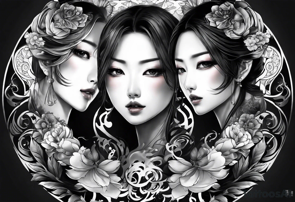 The Japanese say you have three faces. The first face, you show to the world. The second face, you show to your close friends and your family. The third face, you never show anyone.

make it for a chest piece and make it darker tattoo idea