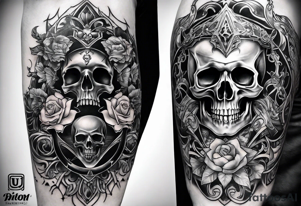 Sleeve tattoo. Good vs evil. Gothic elements, skulls and ancient elements tattoo idea