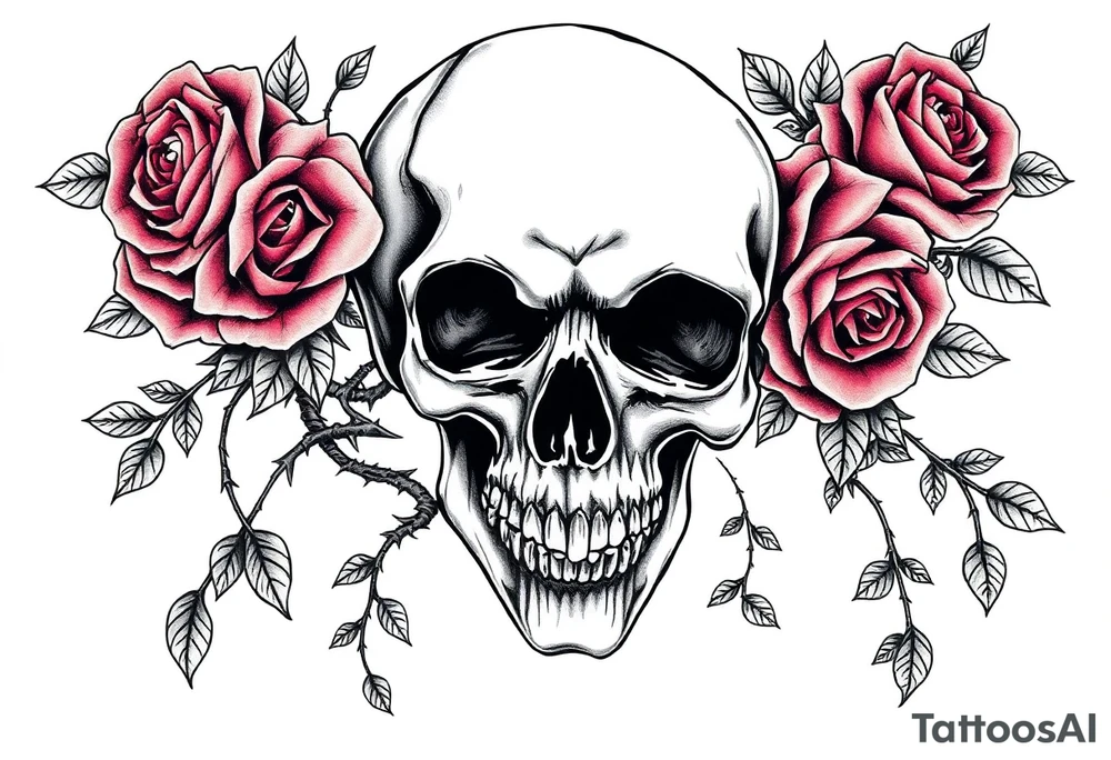 gothic skull intertwined with climbing roses and thorny vines tattoo idea