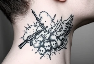 deepfull description of details with clouds,fire guns, money,angels tattoo idea