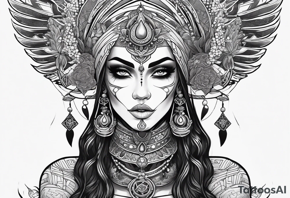 kali, alien goddess, valkrye, pirate, zenza, lotus, wing, pachamama, skull tattoo idea