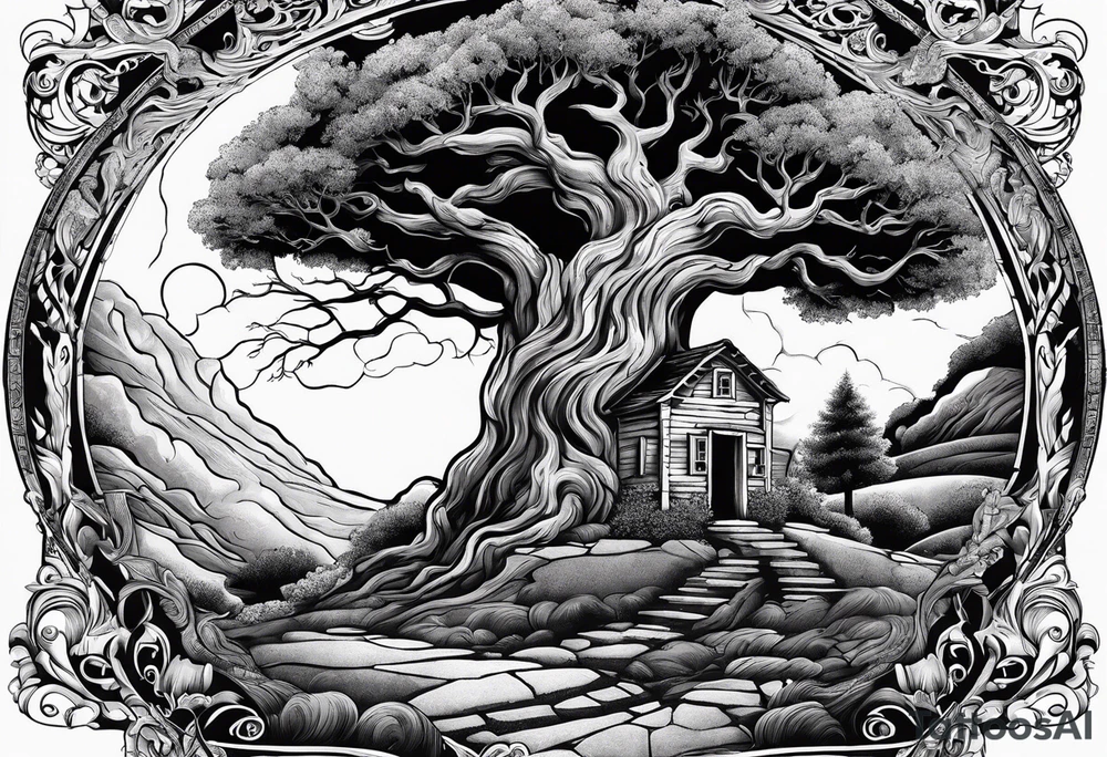 the tree of life growing out of a broken house with baby jesus laying at its doorstep tattoo idea