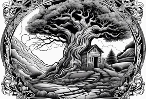 the tree of life growing out of a broken house with baby jesus laying at its doorstep tattoo idea