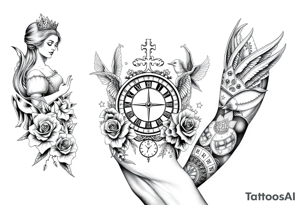 Roulette casino and princess and cross, baby angels, roses and clock and stars and fish, crown tattoo idea