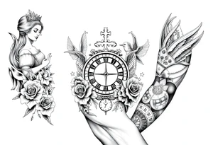 Roulette casino and princess and cross, baby angels, roses and clock and stars and fish, crown tattoo idea