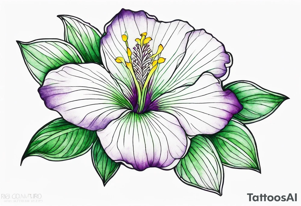 An outline of a rio dipladenia flower with a green and purple watercolor background tattoo idea