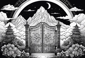 night ancient big town mountains garden gate entrance 
 in circle vignette surrounded by clouds floral tattoo idea