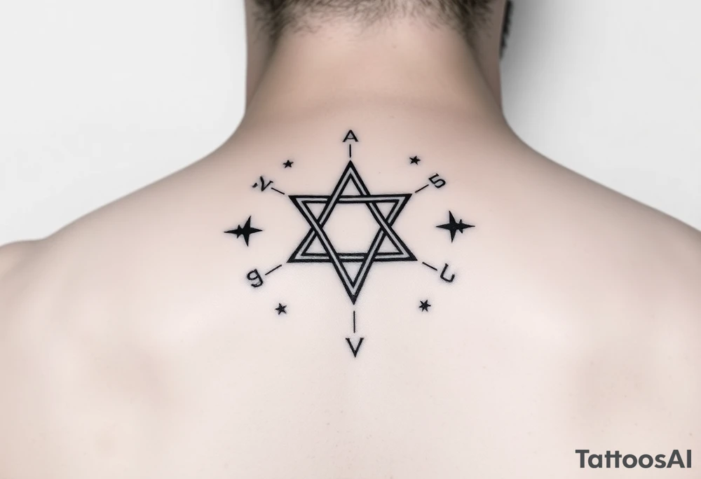 minimalistic, sagittarius, jupiter symbol, sacred geometry, runes for, Good luck and fortune, success, grace, youth, protection from evil magic, protection, safe travels, energy, divine, energy, wisdom, prosperity, love, beauty, color black, david star, GOD's name in hereby tattoo idea