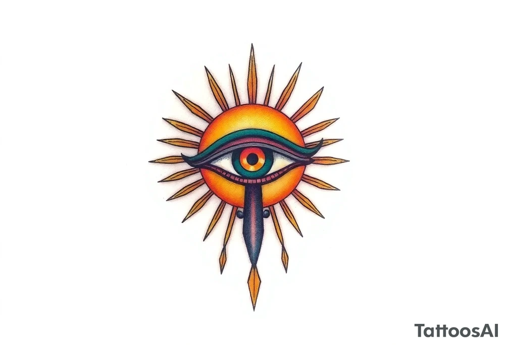 An Eye of Horus with a glowing golden sun behind it, casting rays of light in soft orange and yellow hues tattoo idea
