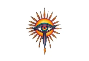 An Eye of Horus with a glowing golden sun behind it, casting rays of light in soft orange and yellow hues tattoo idea