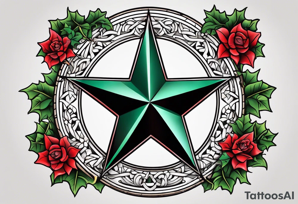 Texas star with a ring around it. Thick ivy in the background. Design bordered with thick lines on the top and bottom. Black with red highlights tattoo idea