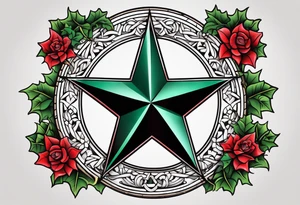 Texas star with a ring around it. Thick ivy in the background. Design bordered with thick lines on the top and bottom. Black with red highlights tattoo idea