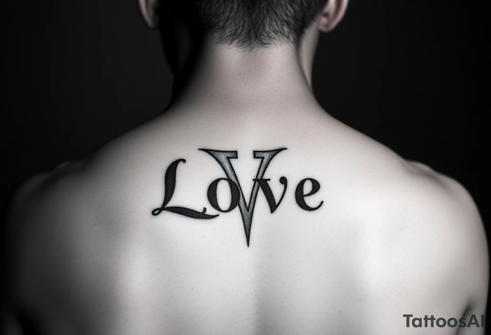 the word love with the “V” as a roman numeral 5 and a cardinal connecting to the side of the word tattoo idea