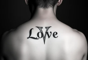 the word love with the “V” as a roman numeral 5 and a cardinal connecting to the side of the word tattoo idea