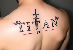 Name ‘Titan’ with birthday, Greek mythology inspired font with mini swords the T in Titan is a sword with cherry blossoms tattoo idea