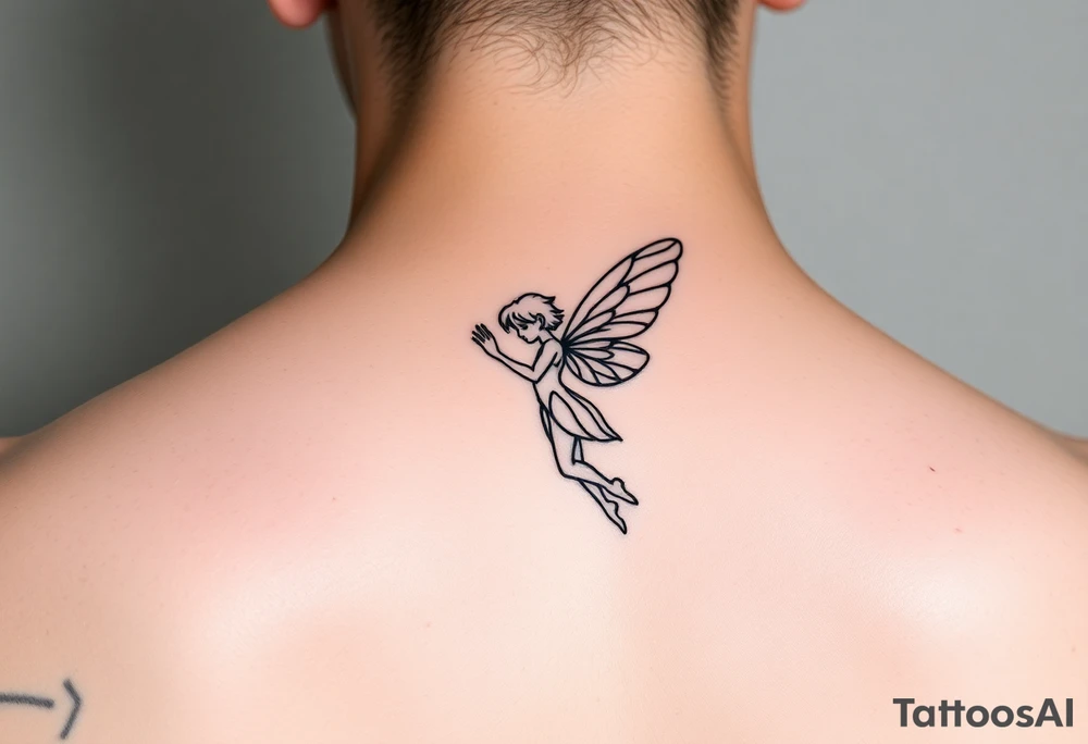 simple logo-style androgynous fairy/angel tattoo for girl's shoulder, lines only black ink. the tattoo is small showing the whole body/figure of the angel tattoo idea
