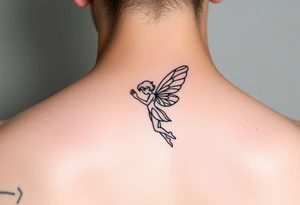 simple logo-style androgynous fairy/angel tattoo for girl's shoulder, lines only black ink. the tattoo is small showing the whole body/figure of the angel tattoo idea