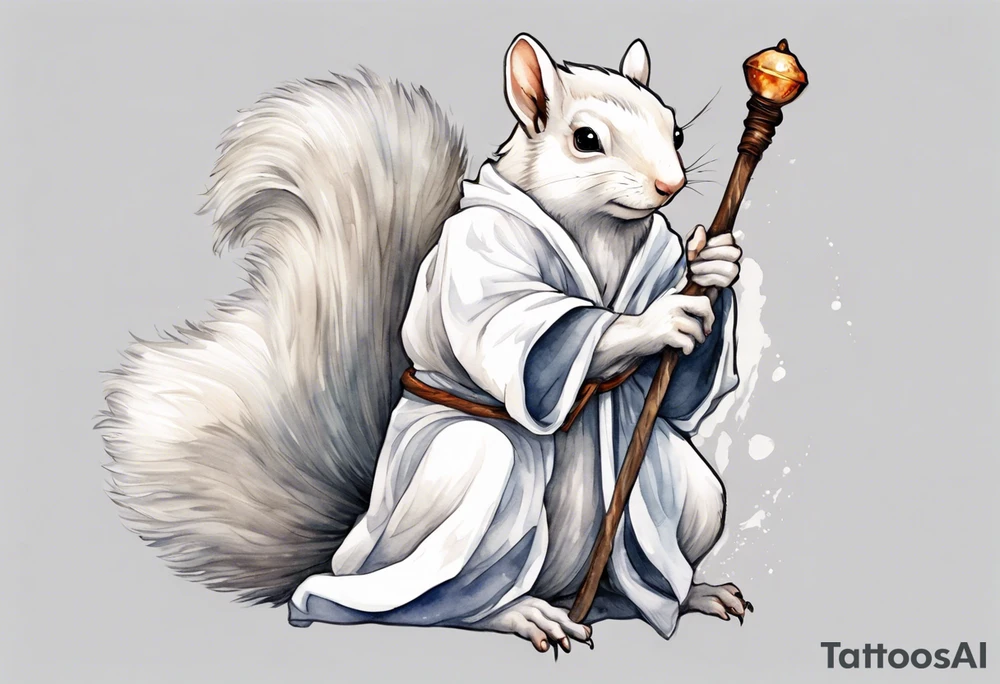a white squirrel with long hair and a grey robe, holding a wizard's staff tattoo idea