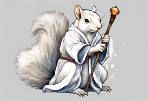 a white squirrel with long hair and a grey robe, holding a wizard's staff tattoo idea