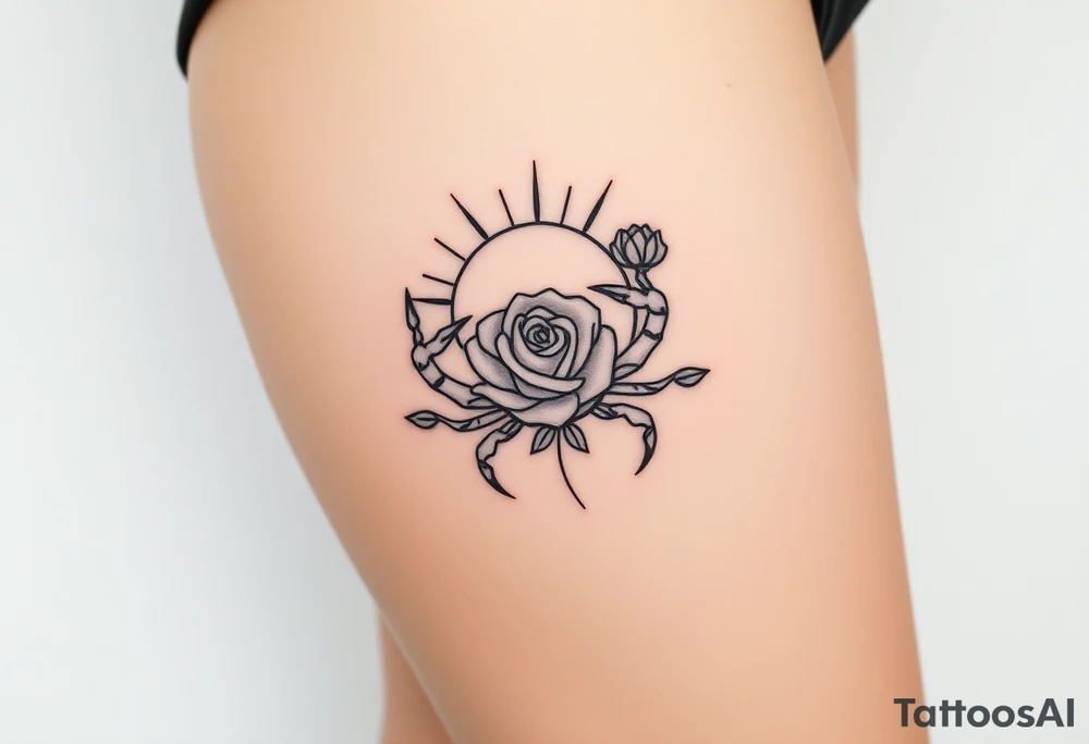 Sun, rose, and crab traditional tattoo idea
