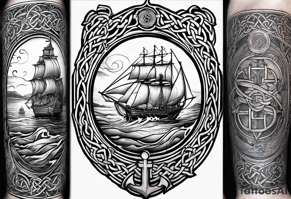 Celtic nautical scene, forearm, half sleeve, anchor, compass tattoo idea