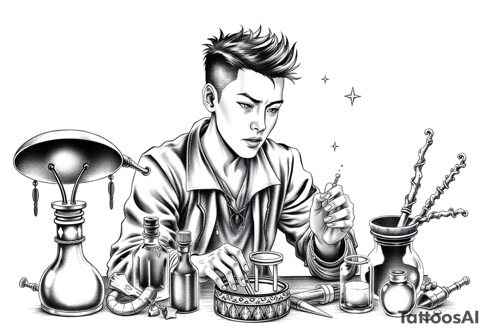 Handsome Asian young adult guy is  accidentally stumbled upon witch tools, supplies, artifacts, potions and exploring it curiously tattoo idea