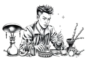 Handsome Asian young adult guy is  accidentally stumbled upon witch tools, supplies, artifacts, potions and exploring it curiously tattoo idea