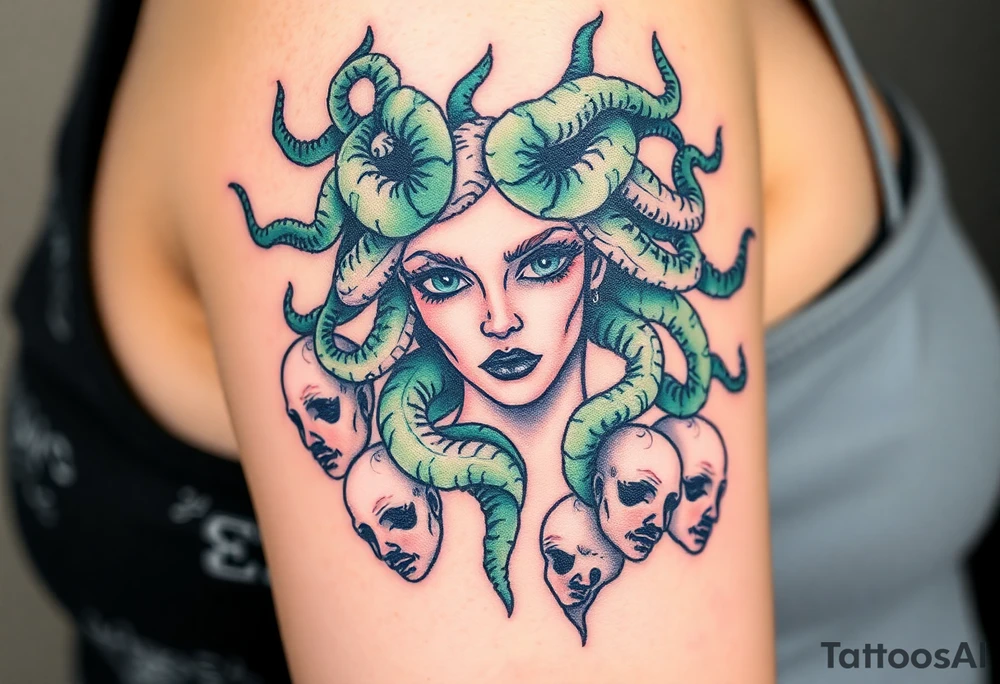 A detailed Medusa portrait with emerald-green serpents, her gaze hypnotic, surrounded by shattered stone faces of her victims tattoo idea