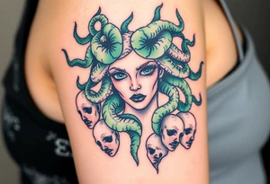 A detailed Medusa portrait with emerald-green serpents, her gaze hypnotic, surrounded by shattered stone faces of her victims tattoo idea