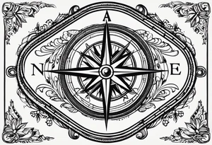 A vintage compass design with a large N, S, E and W - and incorporating the line "Always Carry On". The style should be very minimalist, with very thin lines and dot work tattoo idea