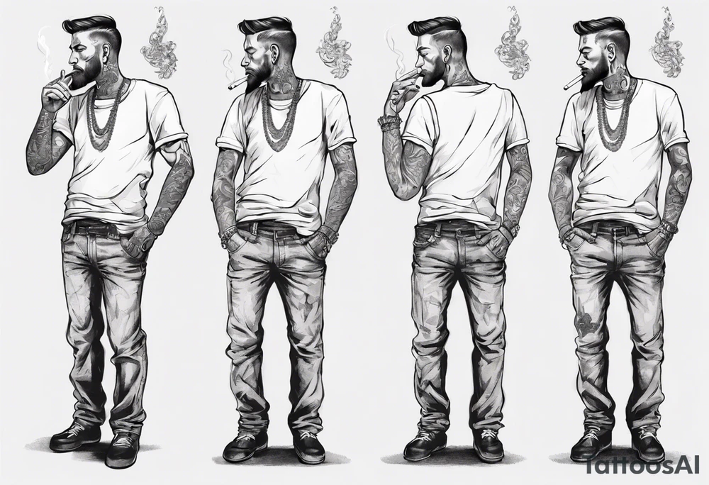 A man standing full-length, smoking a cigarette, with earrings in his ears, no headgear tattoo idea