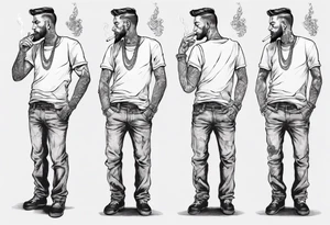 A man standing full-length, smoking a cigarette, with earrings in his ears, no headgear tattoo idea