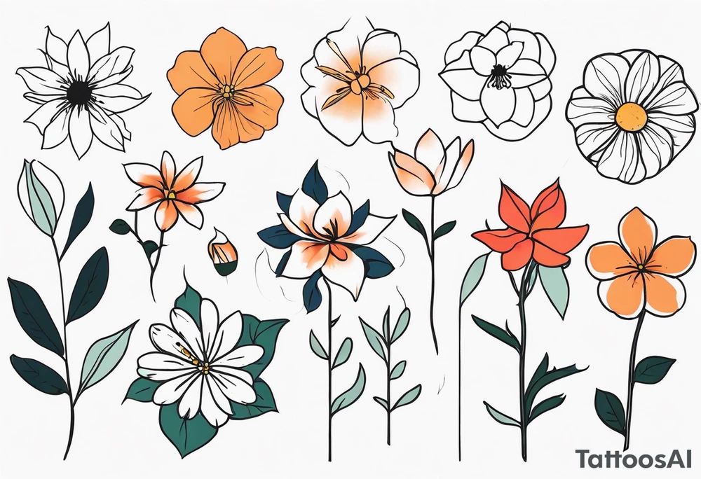 seven different flower tattoo idea