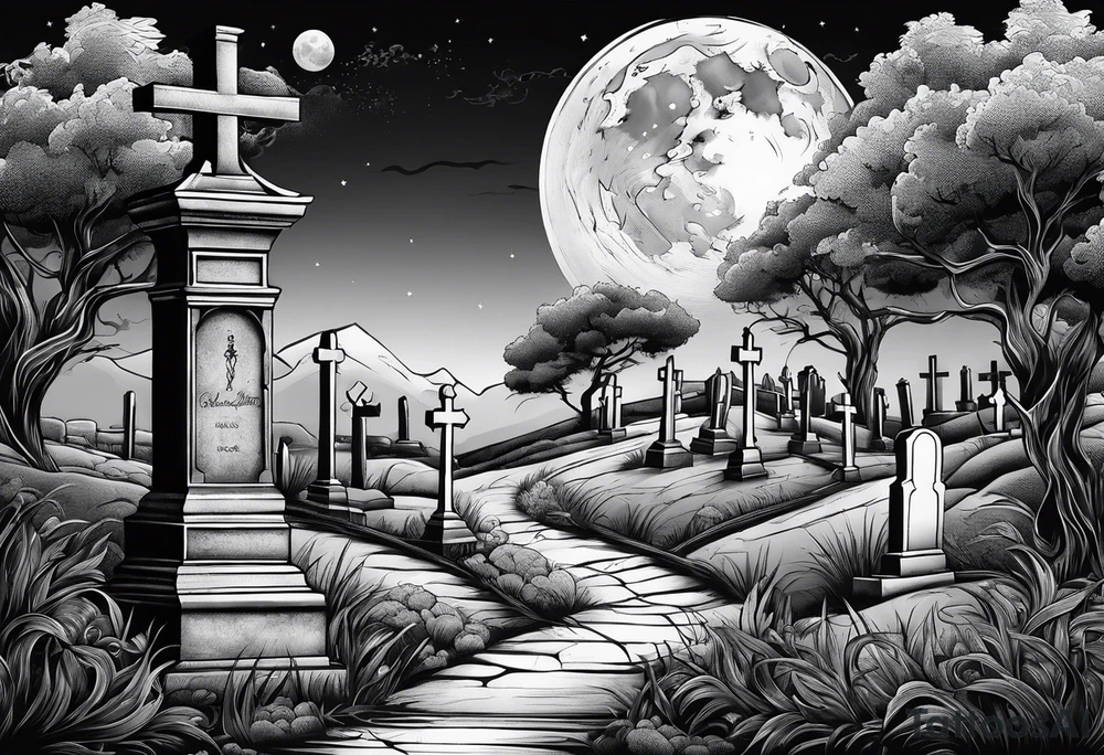 Cemetery on hills with smoke and moon tattoo idea