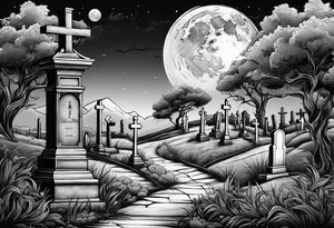 Cemetery on hills with smoke and moon tattoo idea
