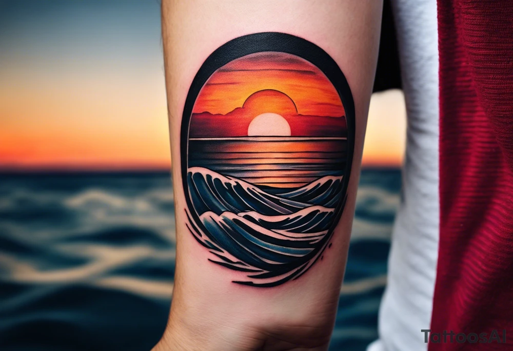 This tattoo needs to be incredibly simple and minimal. It's a sunset from the perspective of being on a boat on the ocean. The waves are very calm and there is no land in site. There are slight reflections of the sun on the water. The tattoo will be in landscape orientation. Mostly black with small splashes of color from the sun. There should be no objects in the tattoo besides the sun, water, and maybe some clouds and a bird or two. No land or boats. tattoo idea