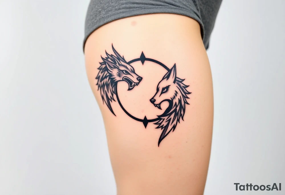 Ying yang symbol with one side a dragon and one side a wolf tattoo idea