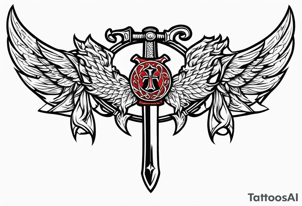 Valhalla sword shield dragon axe viking church tattoo idea