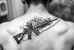 American traditional tattoo of Sig sauer p365 macro with flames and a chain border tattoo idea