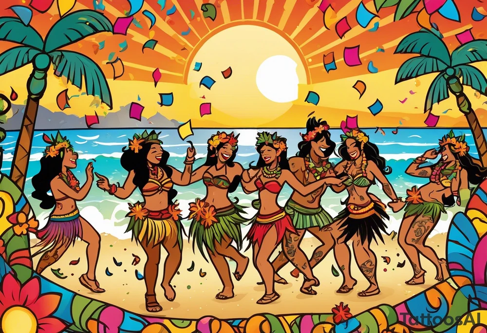 dancing tiki gods and hula girls on the left and right side of a beach party scene with confetti and music notes with a setting sun in the center of the image. the sun is the focal point with the characters only at the sides tattoo idea