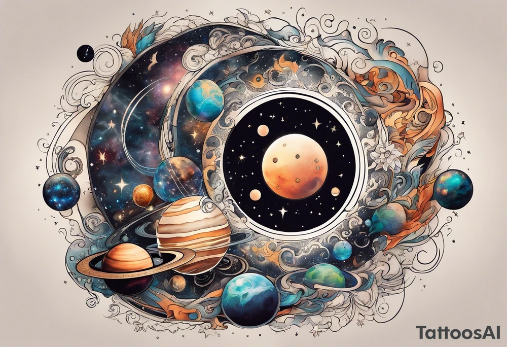 A tattoo featuring a cosmic scene with planets, black holes, and supernovae intertwined with intricate linguistic symbols, reflecting the client's interests in cosmology and linguistics. tattoo idea