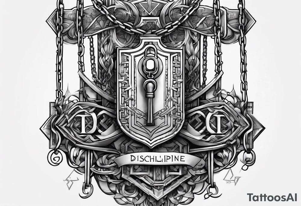 Tattoo of the word 'Self discipline' tied on both ends with metal chains and connected in the middle with a lock tattoo idea