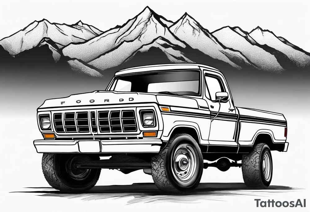 1974 ford f-100 in front of mountains tattoo idea